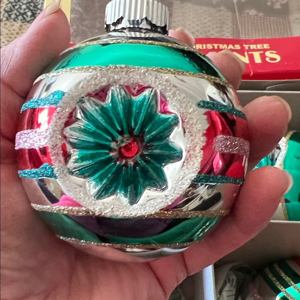 5 Jumbo Shiny Brite indent round glass ornaments Christmas